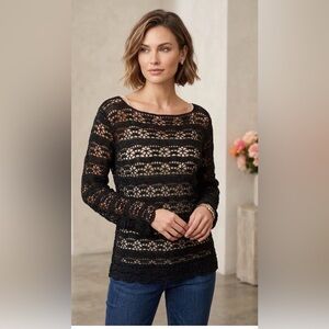 Laura Ashley Black Linen-Blend Crochet Knit Mesh Top